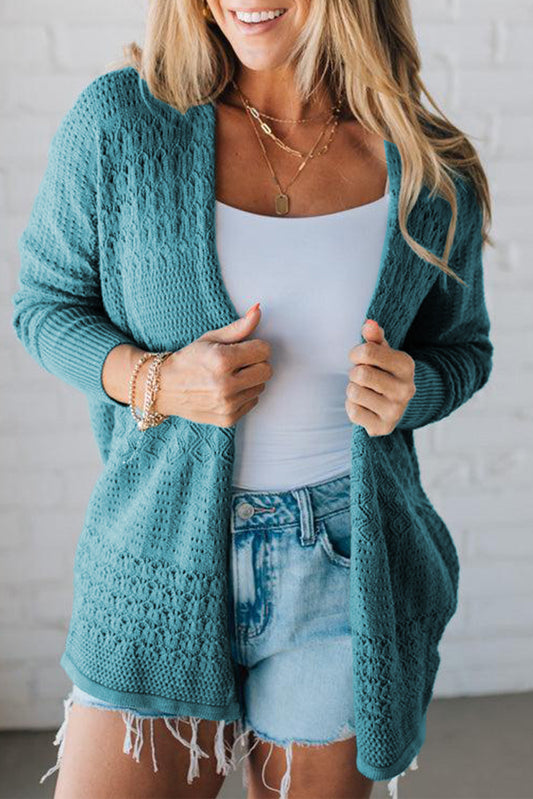 Lapis Mix Pattern Hollowed Knit Open Front Cardigan