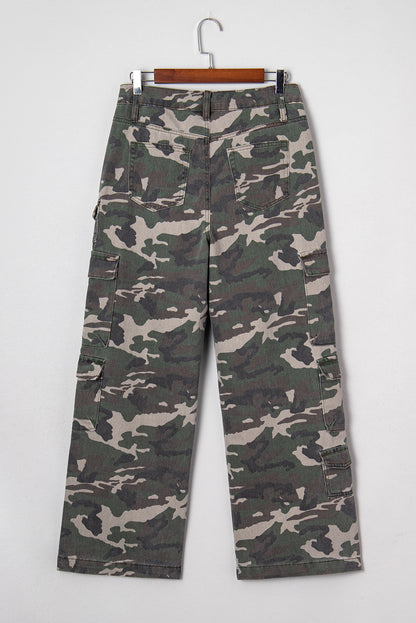 Green Camo Denim Cargo Wide Leg Pants