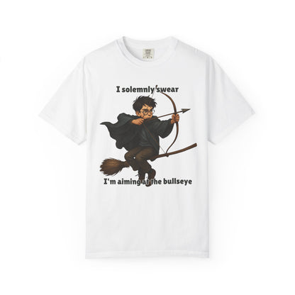 Humorous Wizard Archery T-Shirt, Quirky Gift for Fans, Magic Lover Tee, Cartoon Character Shirt, Ideal for Birthdays & Events