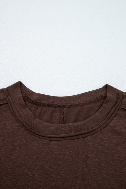 Dark Brown Sheer Lace Patchwork Casual Long Sleeve Tee