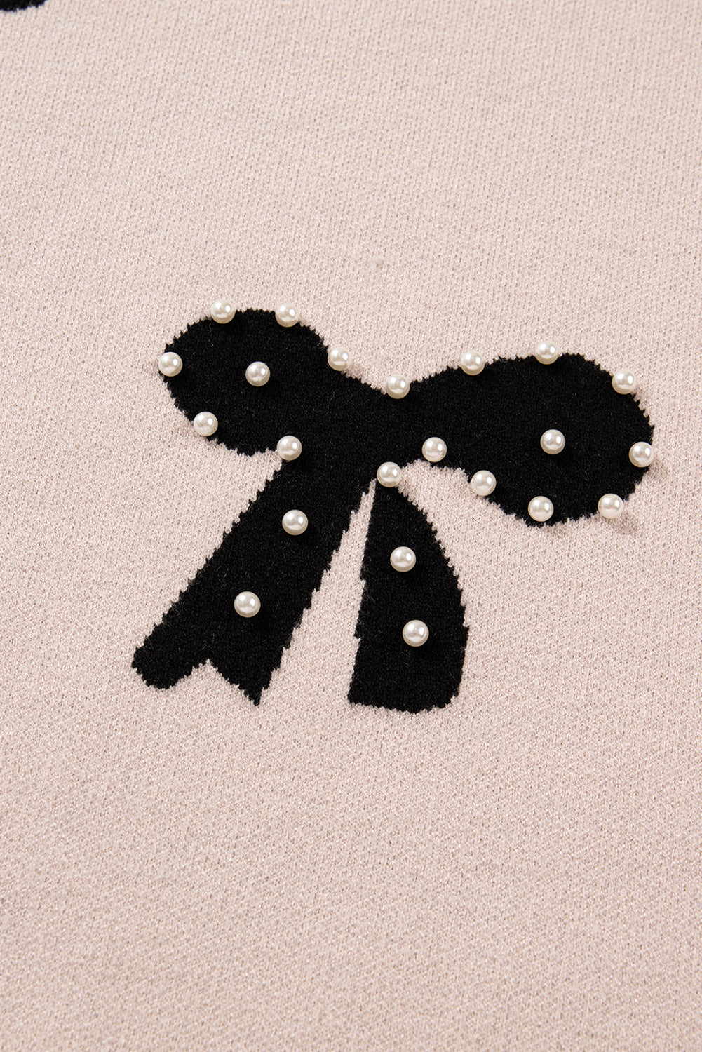 Smoke Gray Pearl Embellished Bow Pattern Loose Sweater