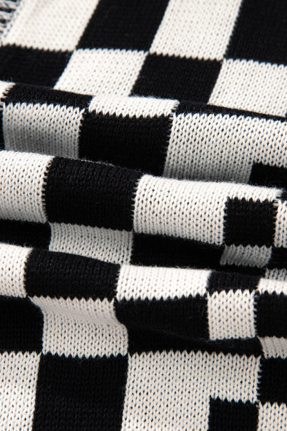 Black Plus Size Checkered Bubble Sleeve Drop Shoulder Open Cardigan