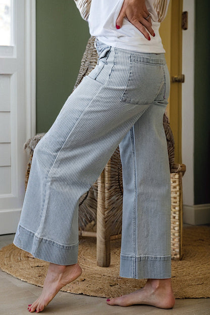 Sky Blue Stripe Button Flap Pocket Cuffed Hem Wide Leg Jeans