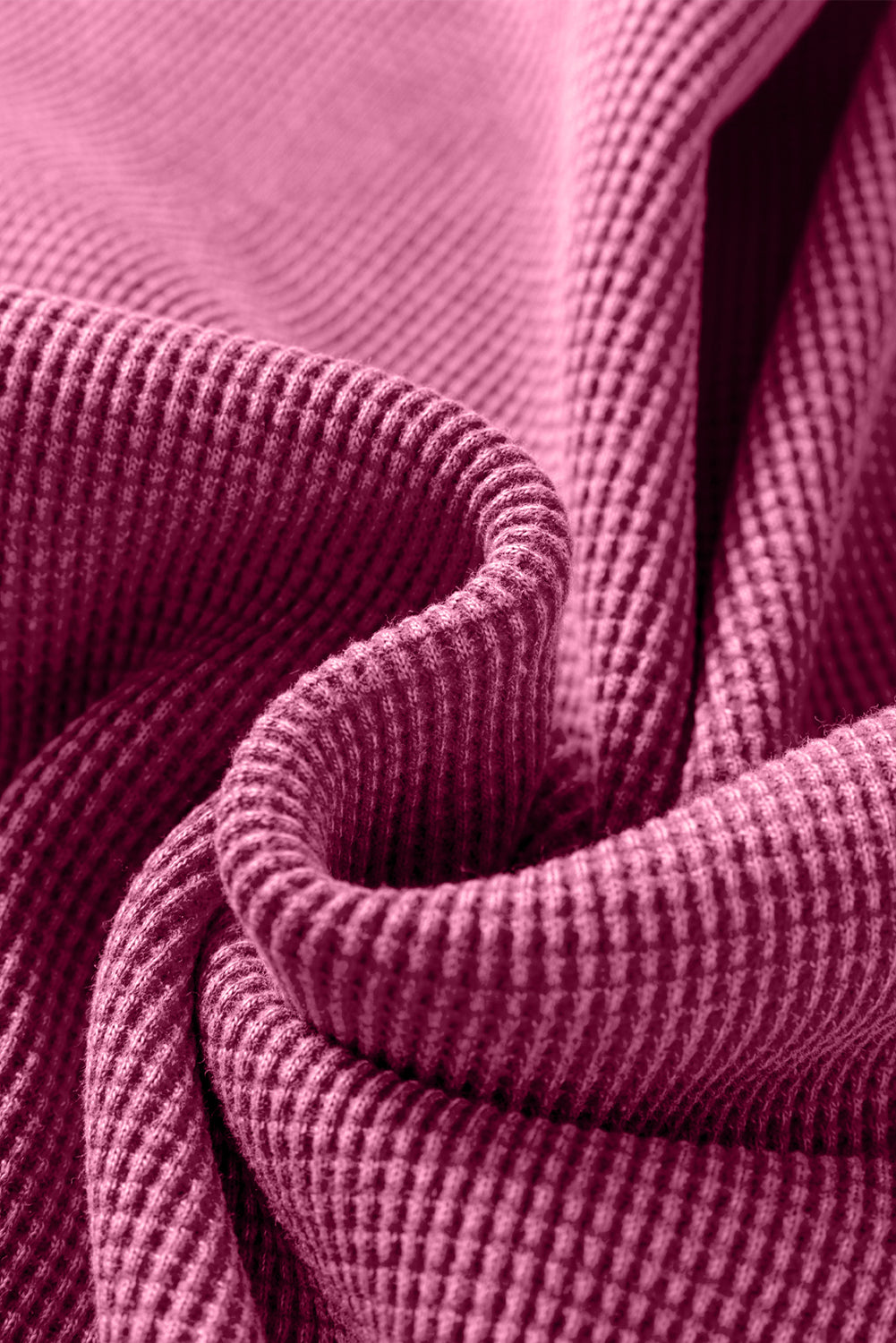 Bright Pink Waffle Knit Patchwork Long Sleeve Loose Top