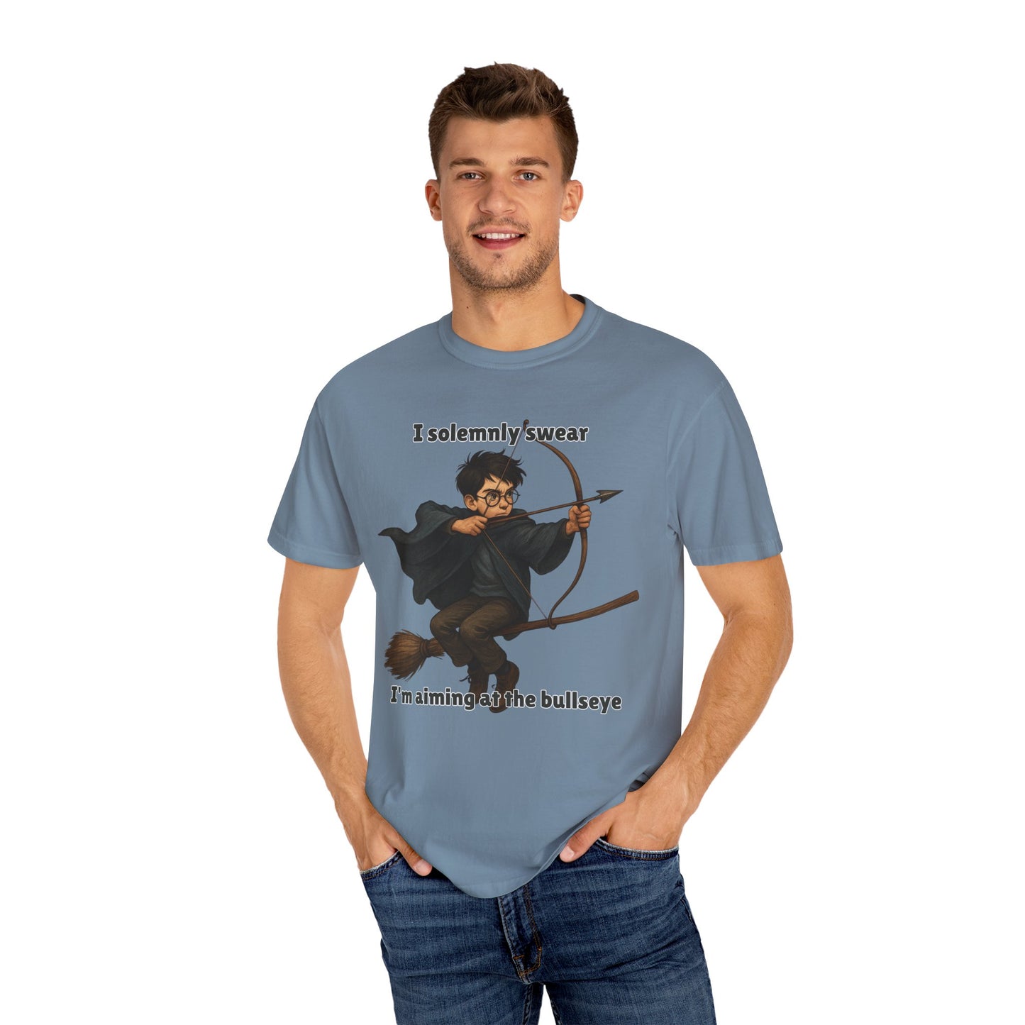 Humorous Wizard Archery T-Shirt, Quirky Gift for Fans, Magic Lover Tee, Cartoon Character Shirt, Ideal for Birthdays & Events