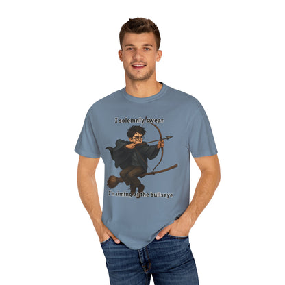 Humorous Wizard Archery T-Shirt, Quirky Gift for Fans, Magic Lover Tee, Cartoon Character Shirt, Ideal for Birthdays & Events