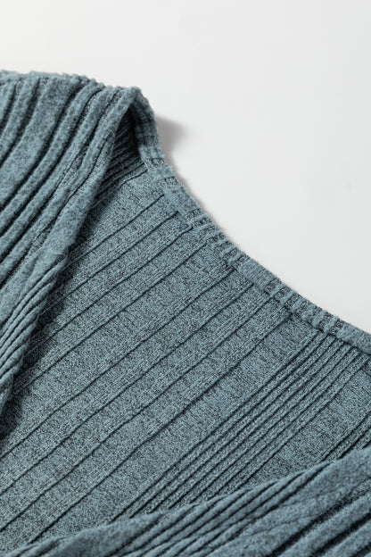 Stone Blue Ribbed Open Front Knitted Top with Pockets