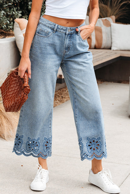 Dusk Blue Embroidered Cropped Wide Leg High Waist Jeans