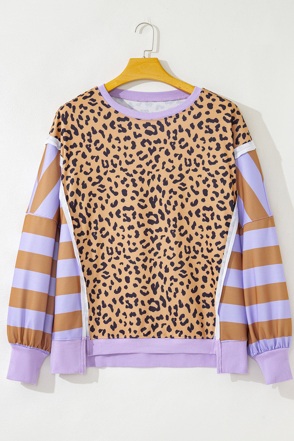Purple Leopard Striped Patchwork Plus Size Loose Sweatshirt