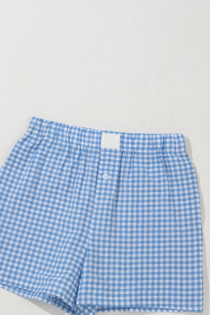 Blue Gingham Printed High Waist Shorts