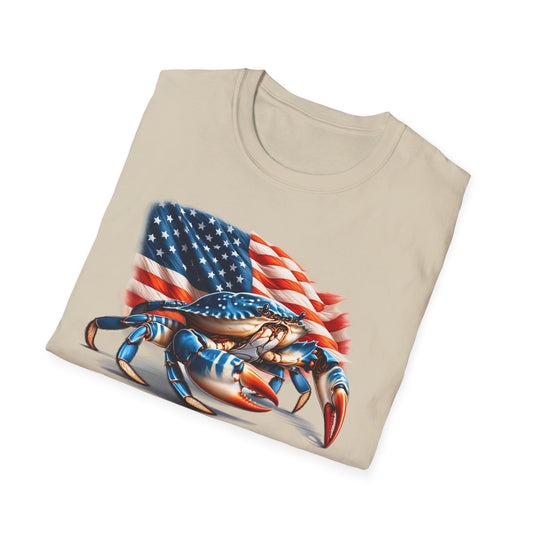 Patriotic Men's T-Shirt with Blue Crab and American Flag Design