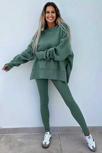 Green Bay Solid Color Oversize Slit Sweatshirt Ribbed Leggings 2pcs Set