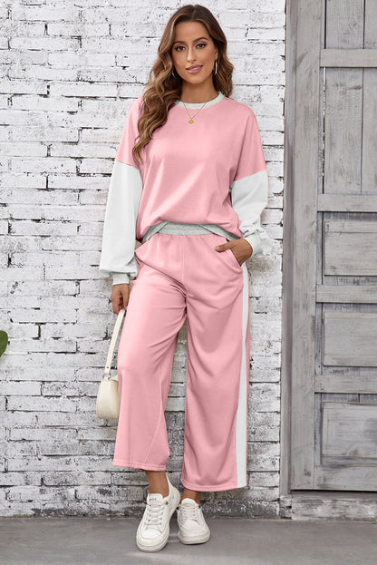 Light Pink 2pcs Color Block Pullover Loose Pant Set