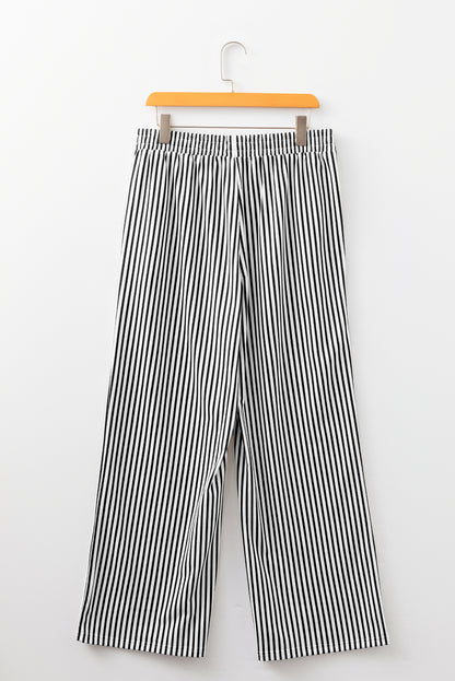 Black Stripe Elastic High Waist Pocketed Loose Pants
