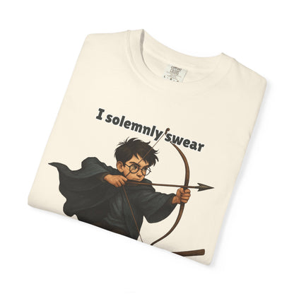 Humorous Wizard Archery T-Shirt, Quirky Gift for Fans, Magic Lover Tee, Cartoon Character Shirt, Ideal for Birthdays & Events