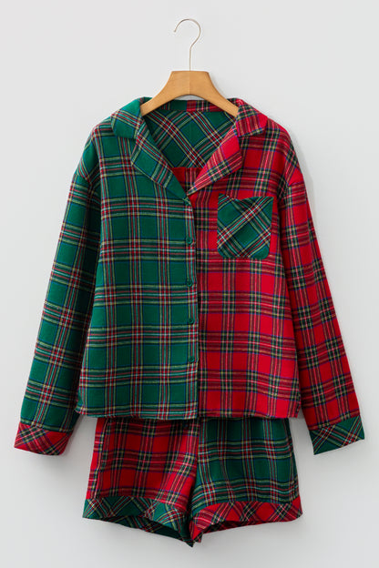 Red Plaid Contrast Patched Christmas Holiday Long Sleeve Shirt and Short 2pcs Pajama Set