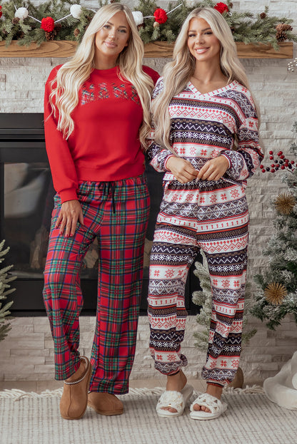 Red Plaid Mama Graphic Christmas Holiday Crewneck Pullover and Pants Two Piece Lounge Set