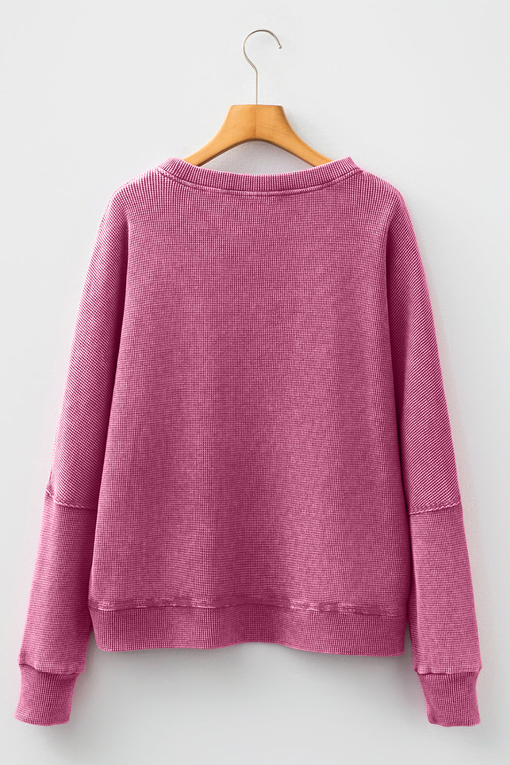 Bright Pink Waffle Knit Patchwork Long Sleeve Loose Top