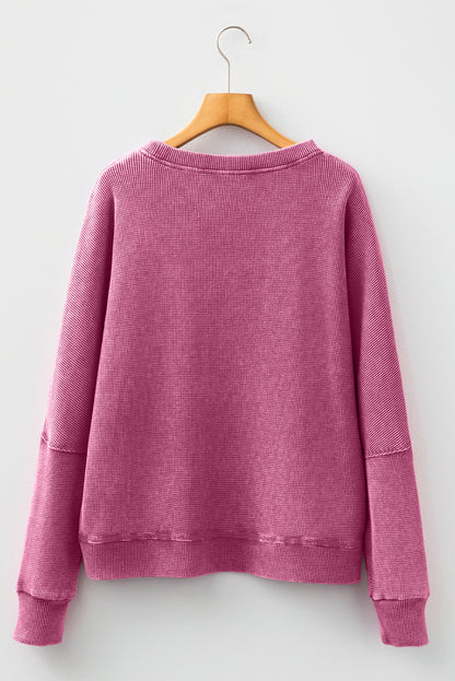 Bright Pink Waffle Knit Patchwork Long Sleeve Loose Top
