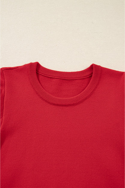 Racing Red Pearl Embellished Double Ruffle Short Sleeve Sweater