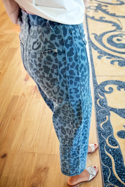 Sky Blue Leopard Print Straight Loose Jeans