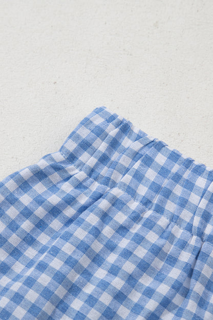 Blue Gingham Printed High Waist Shorts