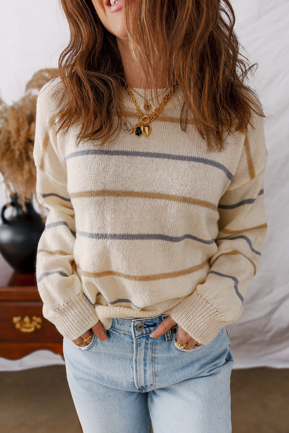 Multicolour Ribbed Edge Drop Shoulder Sweater