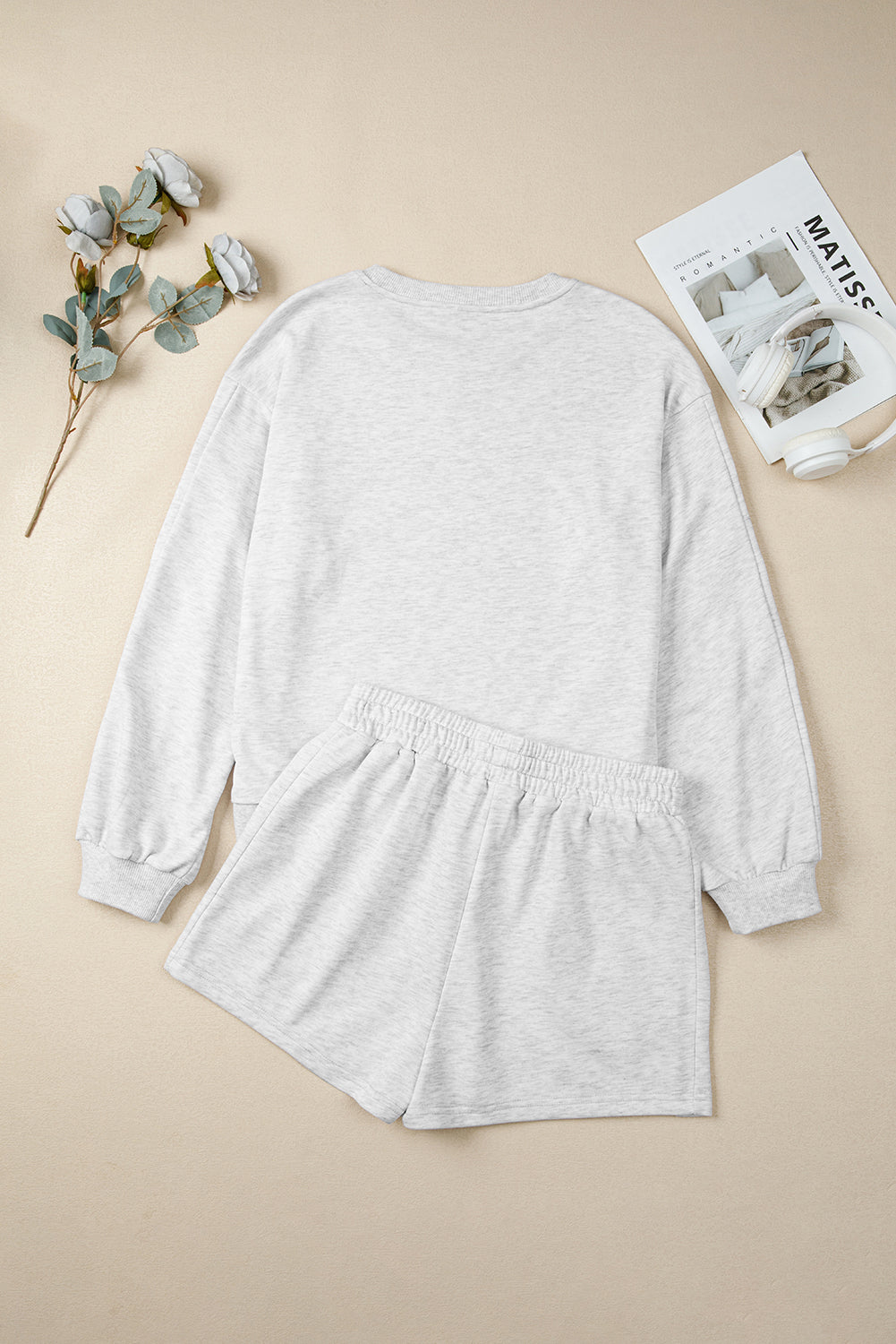 Light Grey Girly Bow Embroidered Detail Puff Sleeve Pullover 2pcs Short Set