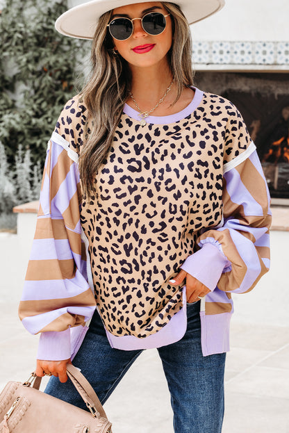 Purple Stripe Color Block Patchwork Leopard Casual Sweatshirt with Slits