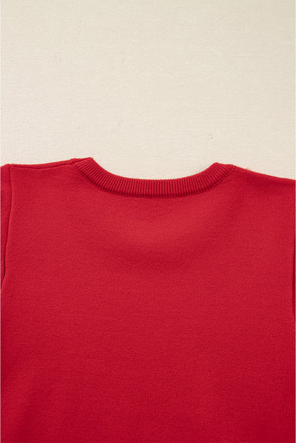 Racing Red Pearl Embellished Double Ruffle Short Sleeve Sweater