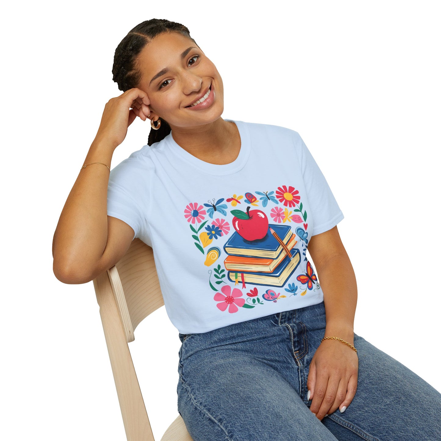Colorful Apple and Books Unisex Softstyle T-Shirt - Perfect for Teachers and Students