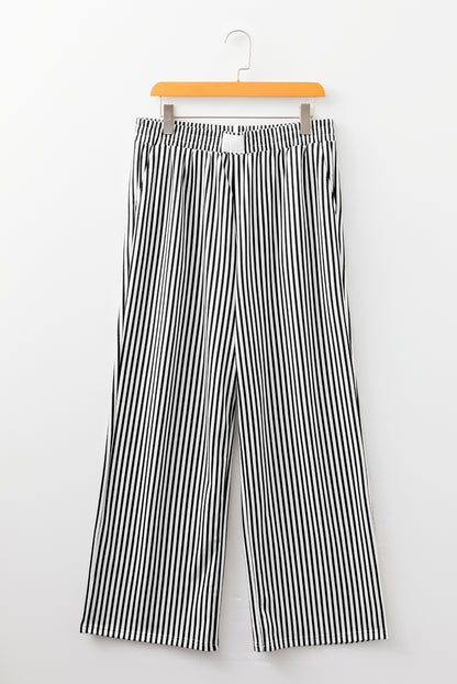 Black Stripe Elastic High Waist Pocketed Loose Pants