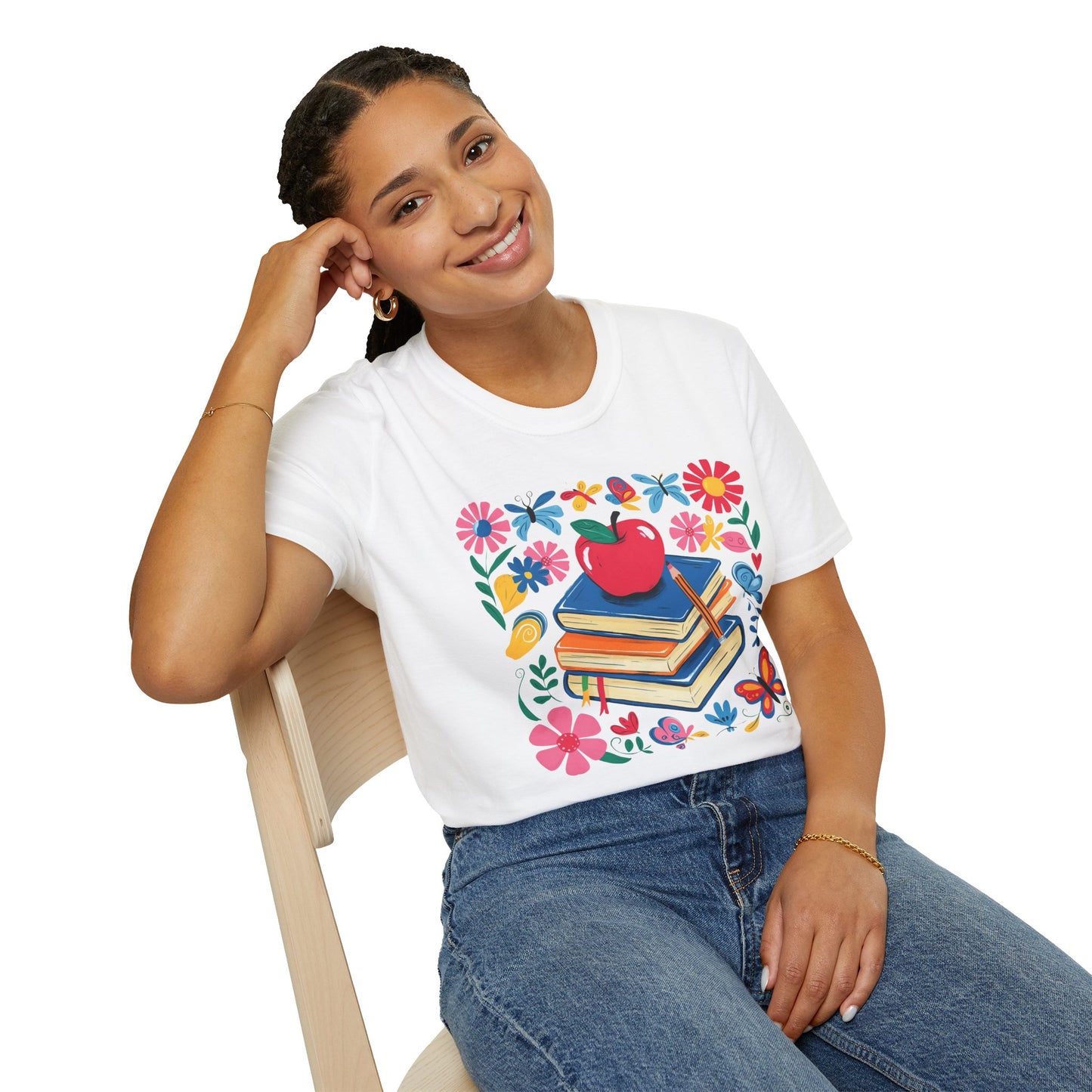 Colorful Apple and Books Unisex Softstyle T-Shirt - Perfect for Teachers and Students