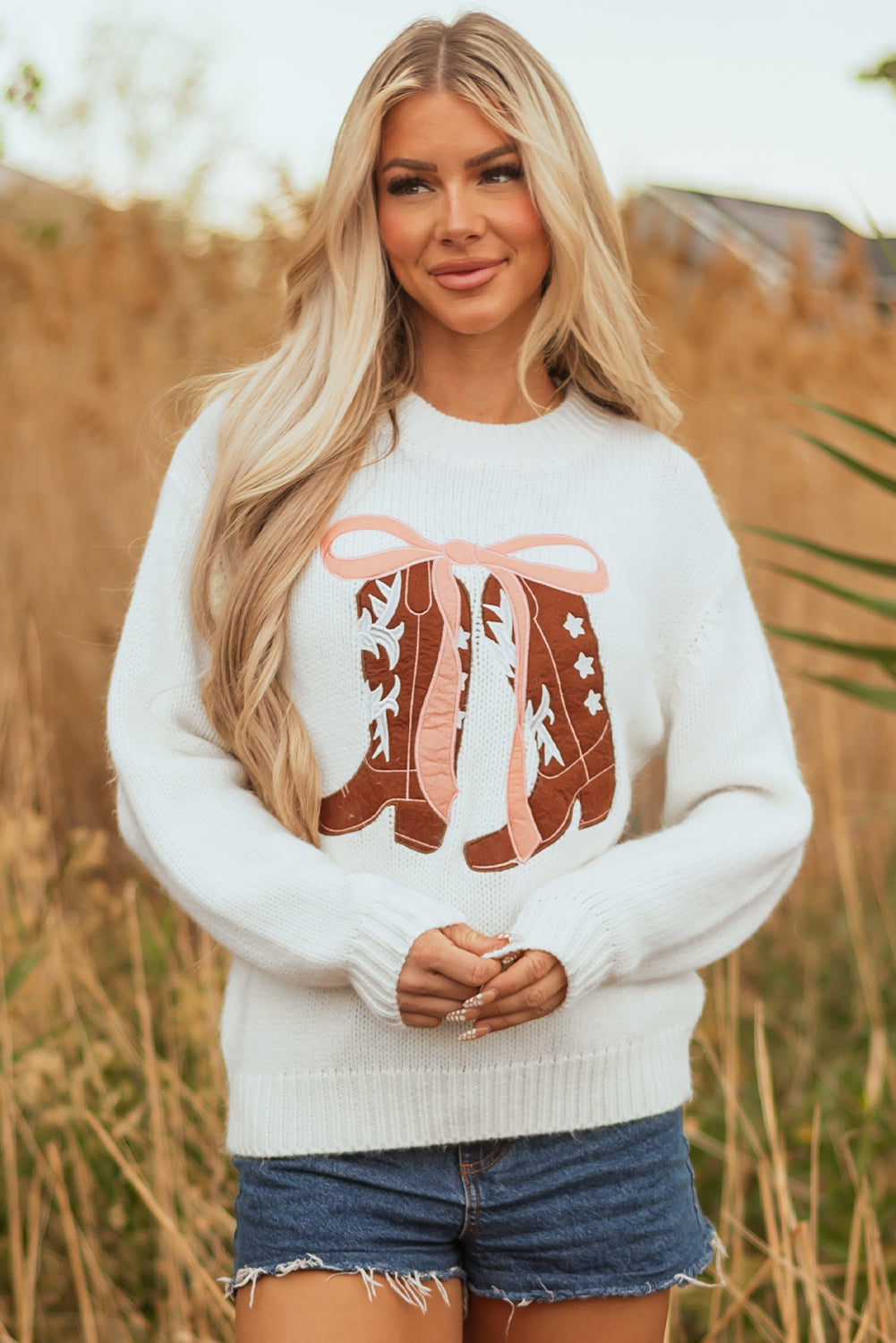White Embroidered Bow Boots Graphic Drop Shoulder Sweater