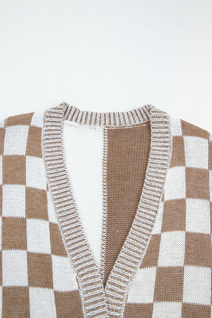 Brown Plus Size Checkered Bubble Sleeve Drop Shoulder Open Cardigan