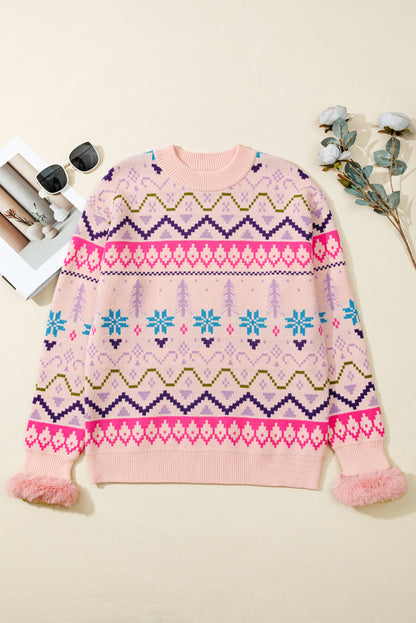 Multicolour Ethnic Christmas Pattern Knit Feather Cuffed Sweater
