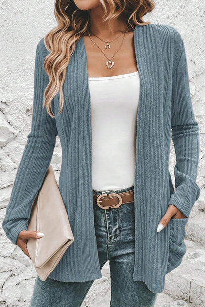 Stone Blue Ribbed Open Front Knitted Top with Pockets