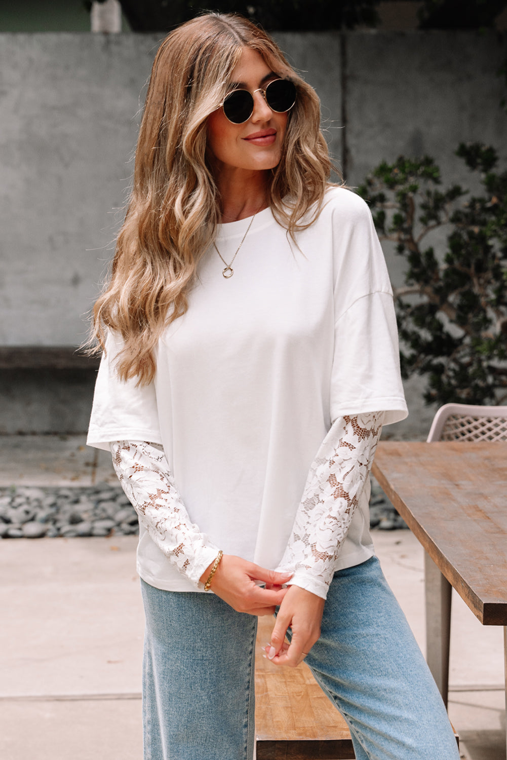 White Lace Long Sleeve Insert Drop Shoulder Tee