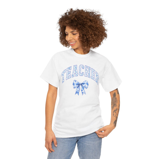 Floral Blue Bow Teacher Tee