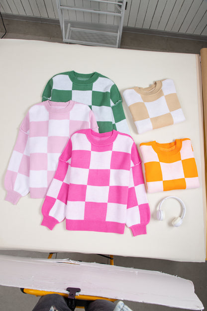 Rose Checkered Bishop Sleeve Sweater