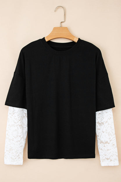 Black Lace Long Sleeve Insert Drop Shoulder Tee