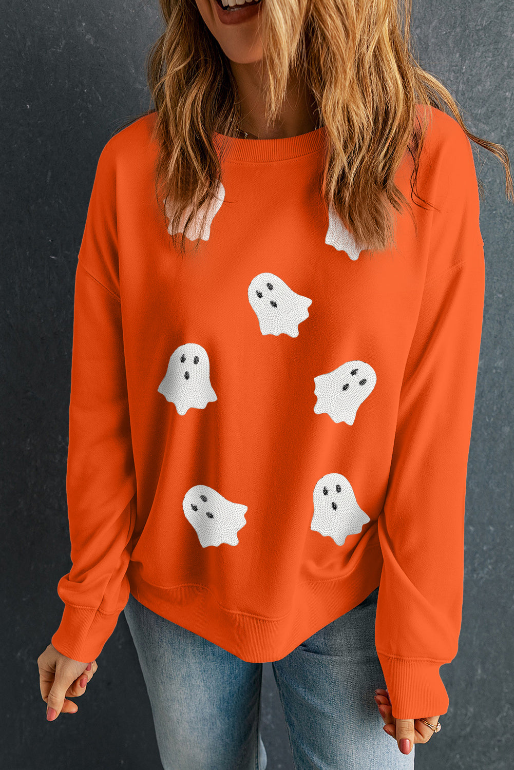 Orange Sequin Halloween Ghost Patched Drop Shoulder Sweatshirt
