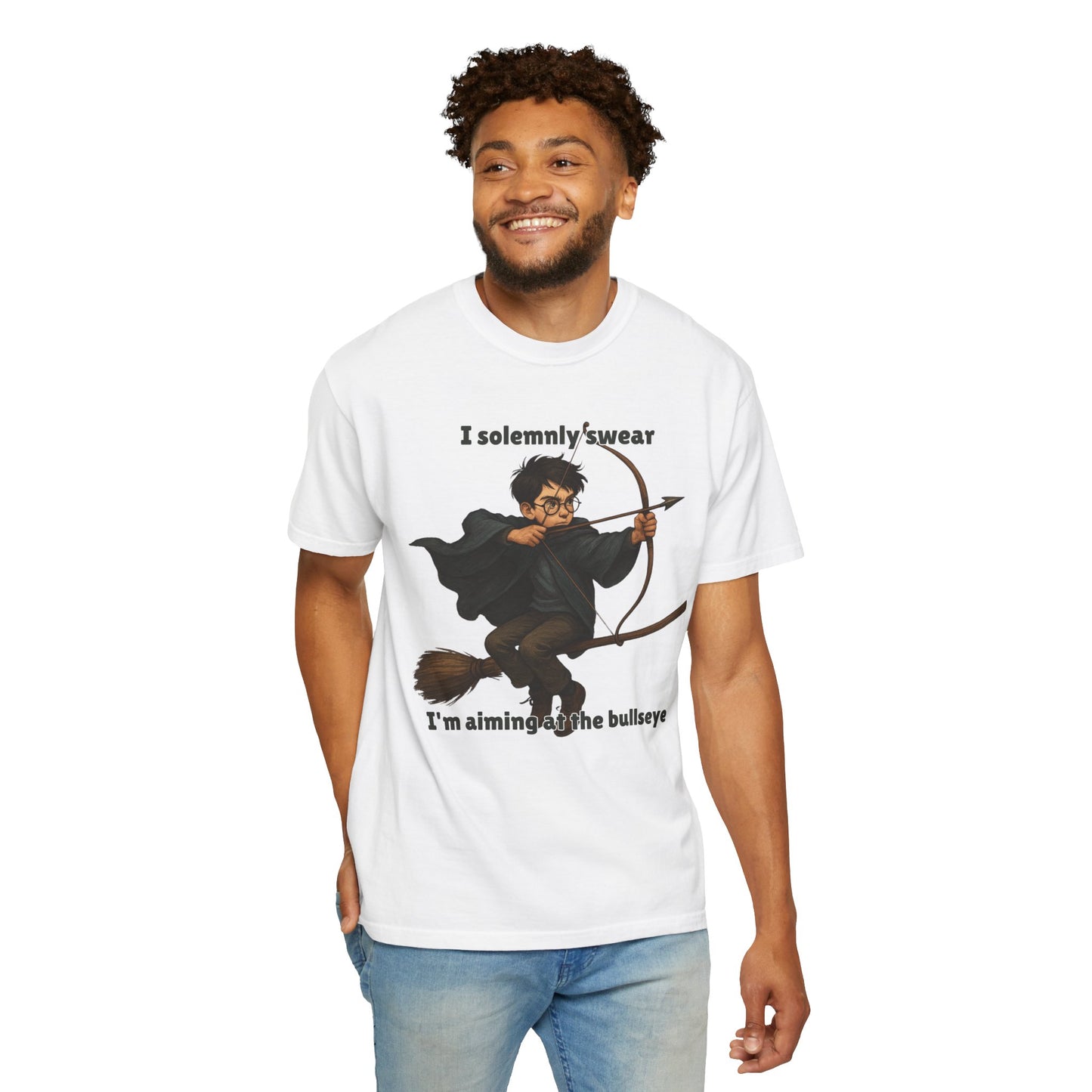 Humorous Wizard Archery T-Shirt, Quirky Gift for Fans, Magic Lover Tee, Cartoon Character Shirt, Ideal for Birthdays & Events
