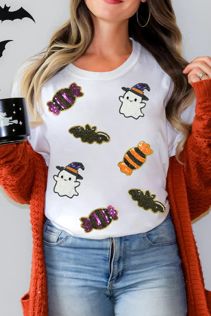 White Sequined Halloween Spirit Pattern Patched Custom Casual Tee
