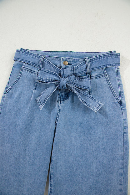 Beau Blue Western Washed Bow Knot Sash Wide Leg Jeans