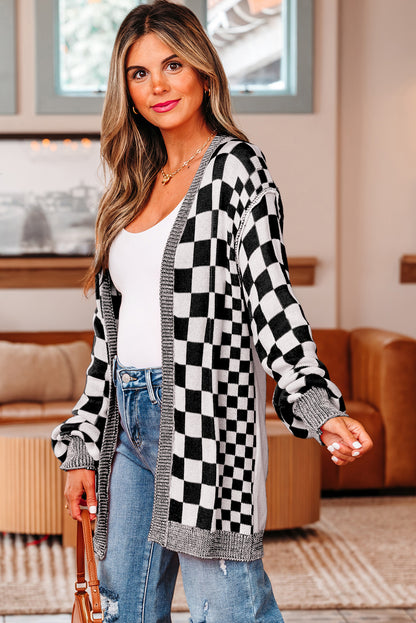 Black Checkered Open Front Drop Shoulder Cardigan