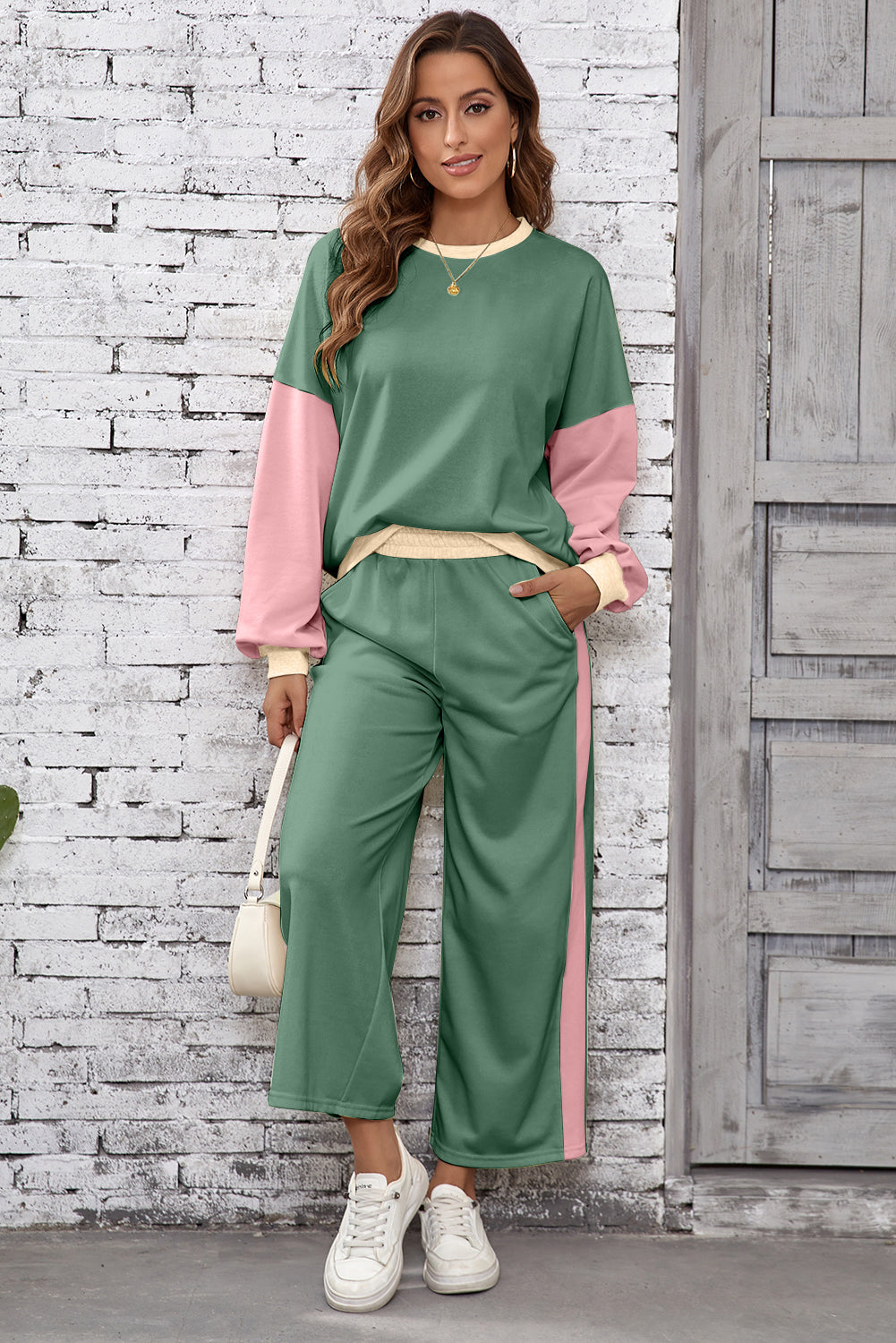 Mist Green 2pcs Color Block Pullover Loose Pant Set