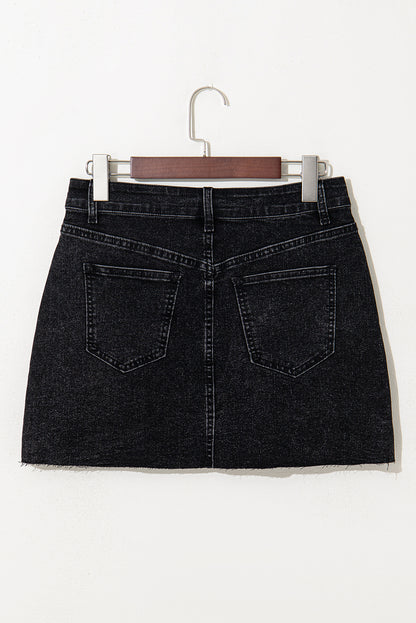 Carbon Grey Mineral Wash Ripped Raw Hem Denim Mini Skirt