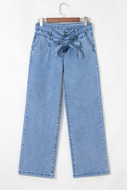 Beau Blue Western Washed Bow Knot Sash Wide Leg Jeans