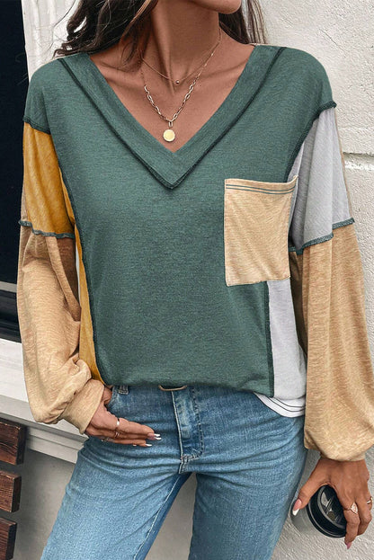 Four Leaf Clover Exposed Stitching Colorblock V Neck Long Sleeve Top